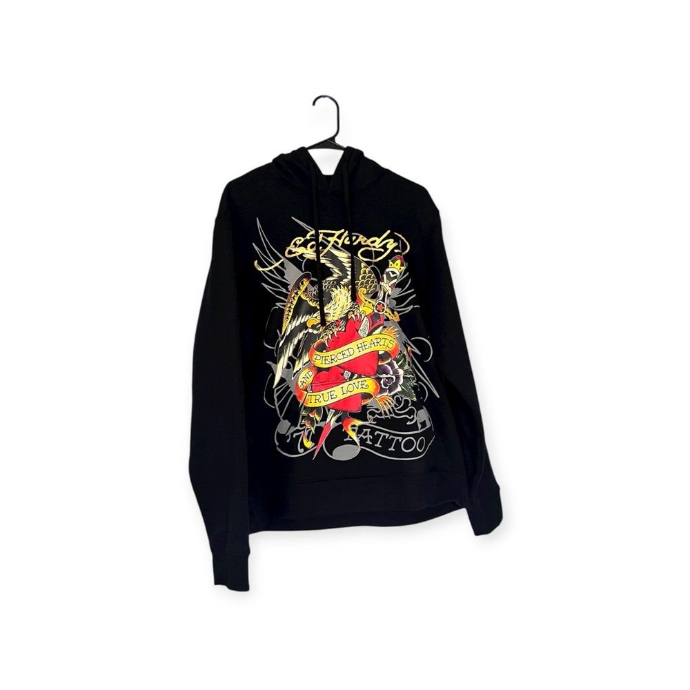 Ed Hardy Black Pullover Hoodie with Vibrant Graphics sz M